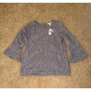 Krazy Kat Blue Grey Floral Embroidered Bell Sleeve Blouse Top Chiffon Woven